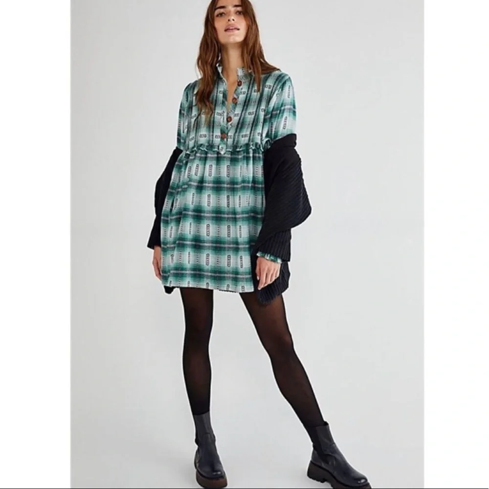 Free People Redwood Flannel Mini Dress Green - Picture 4 of 16